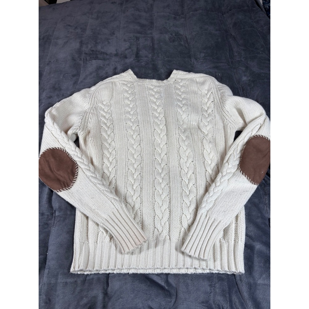 Polo Ralph Lauren Mens Wool Linen Cable Knit Sweater Cream Elbow Patch‎ Medium